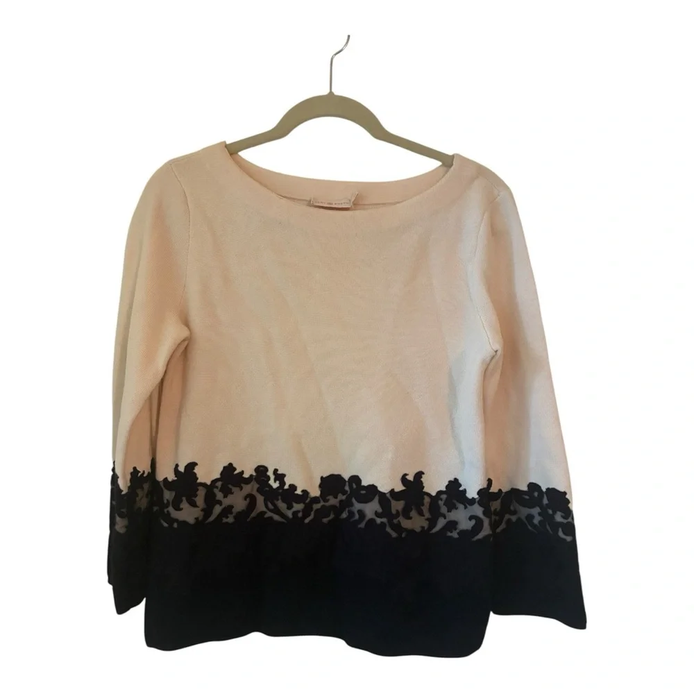 Tory Burch Dixie Cream and Black 💯 Merino Wool Sweater with Lace Detail Size SP